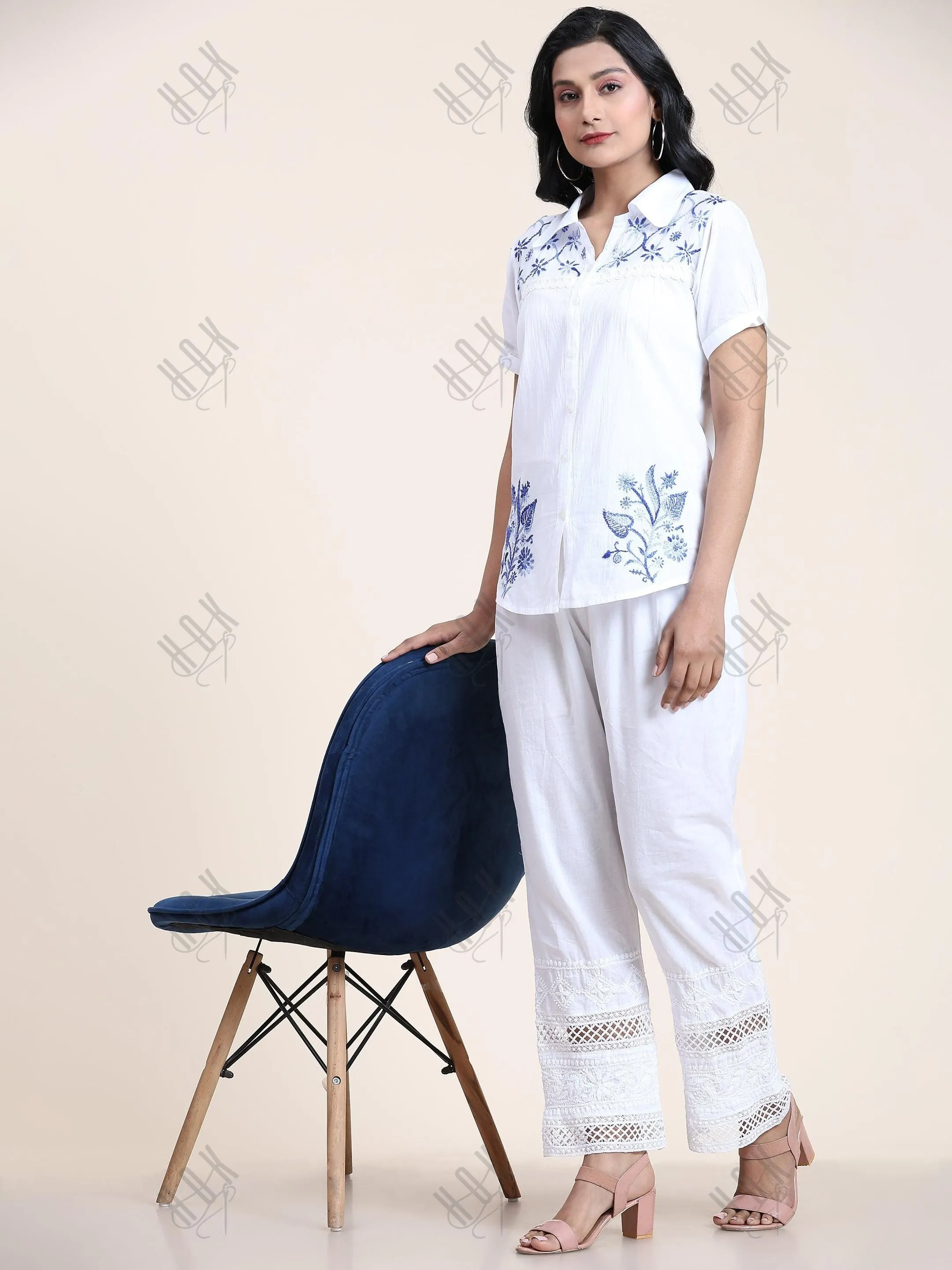 Hand embroidery Chikankari tunic-White With Blue