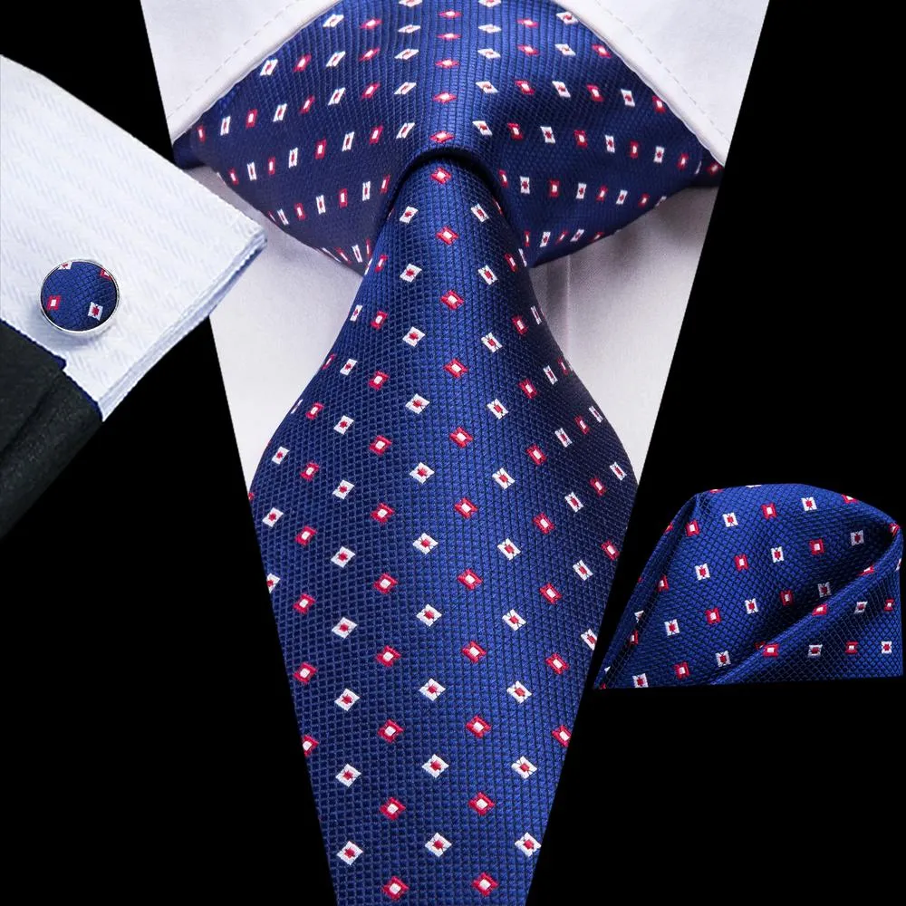 Hi-Tie Men's Blue Tie Geometric Necktie Pocket Square Cufflinks Set