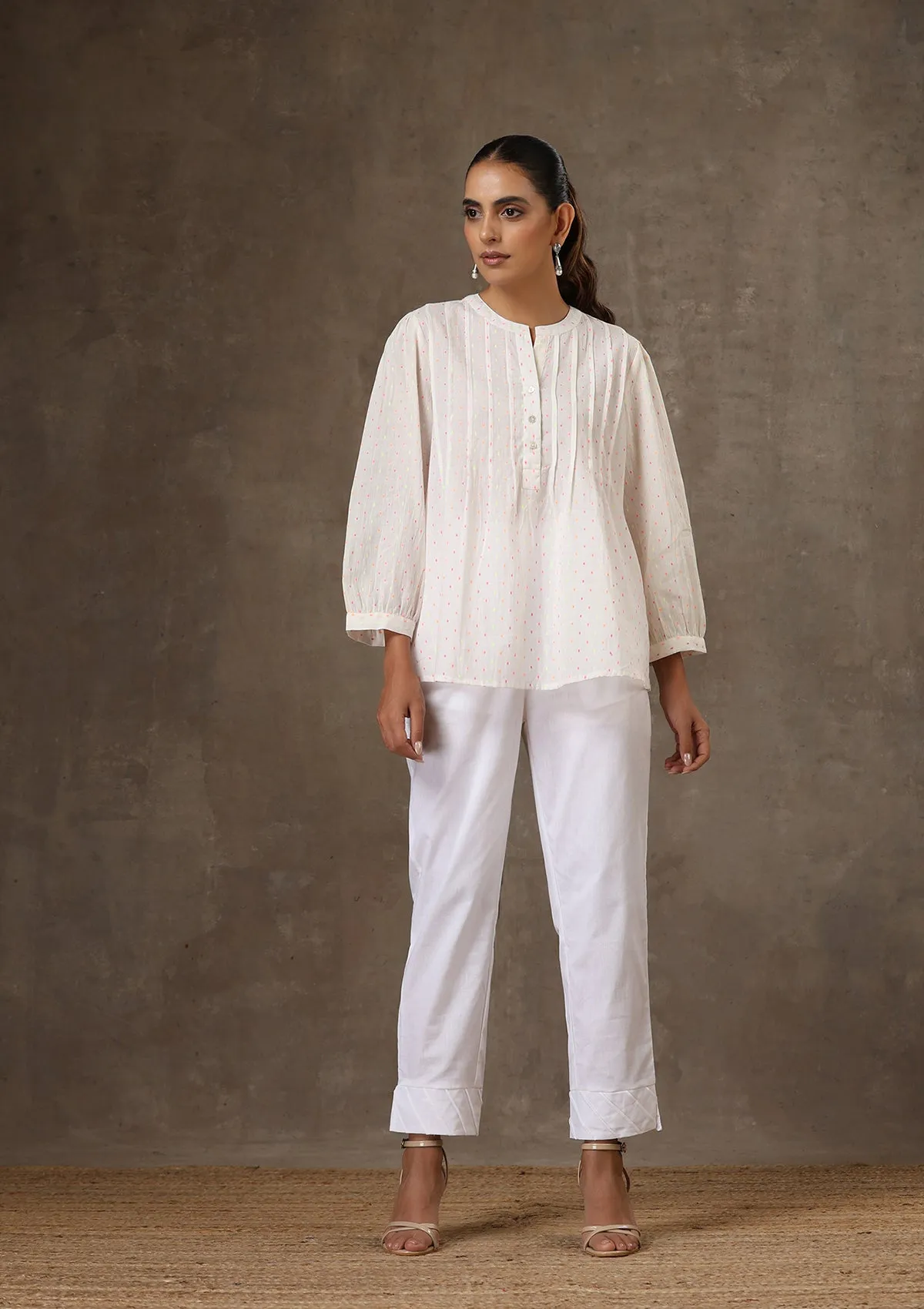 HOC Crafts Cotton Pintucks Dobby Solid Women's Top - White