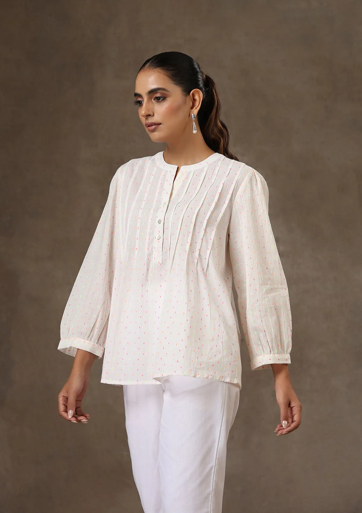 HOC Crafts Cotton Pintucks Dobby Solid Women's Top - White