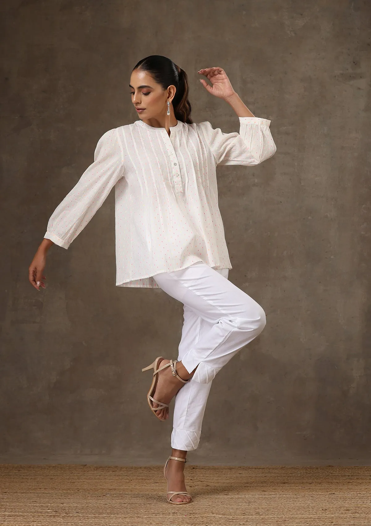 HOC Crafts Cotton Pintucks Dobby Solid Women's Top - White