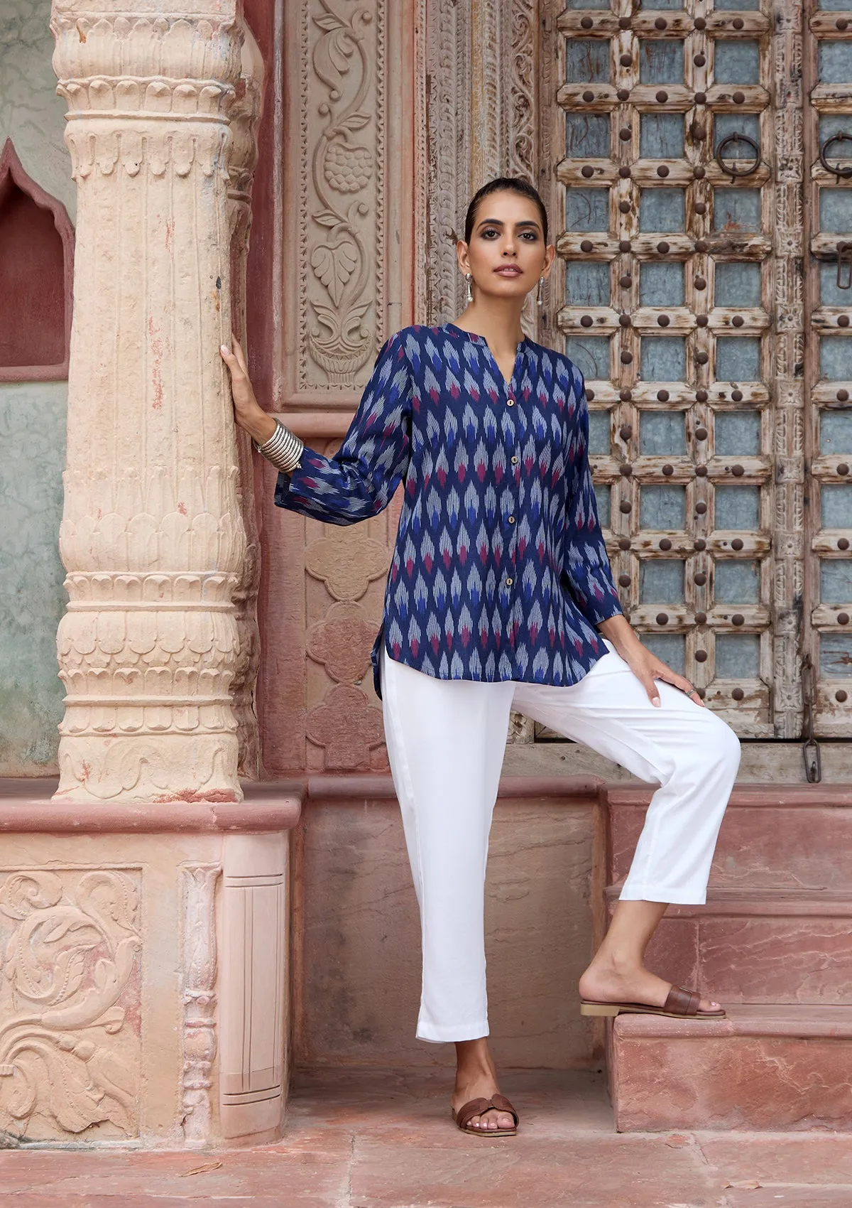 HOC Crafts Ikkat Cotton Solid Women's Shirt - Navy Blue