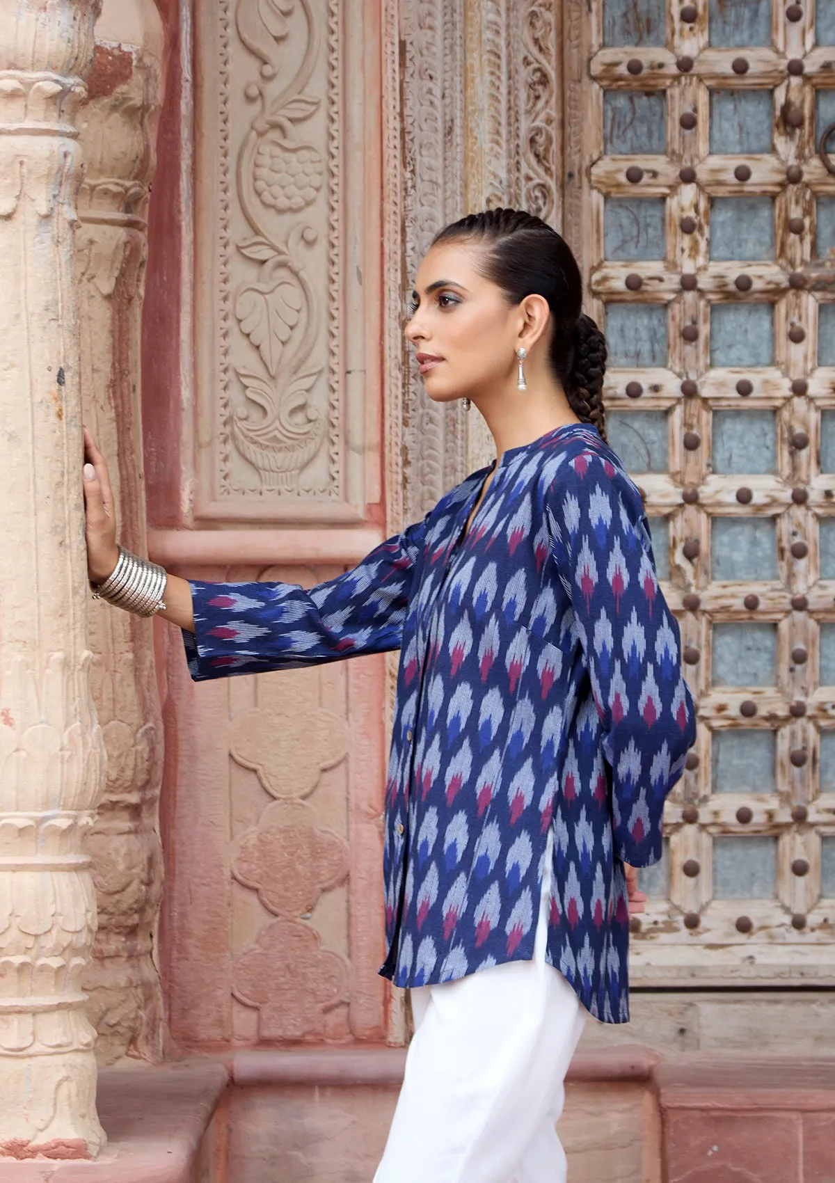 HOC Crafts Ikkat Cotton Solid Women's Shirt - Navy Blue