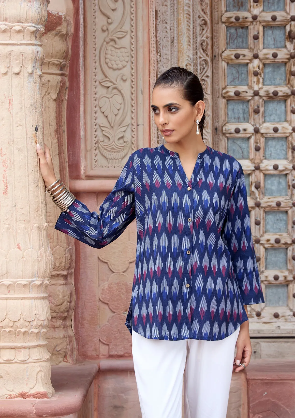 HOC Crafts Ikkat Cotton Solid Women's Shirt - Navy Blue