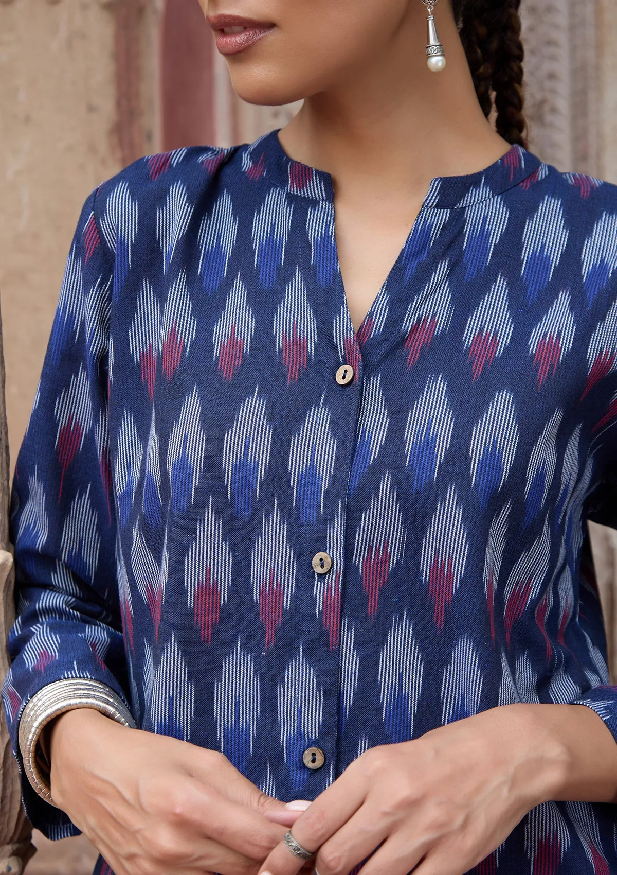 HOC Crafts Ikkat Cotton Solid Women's Shirt - Navy Blue