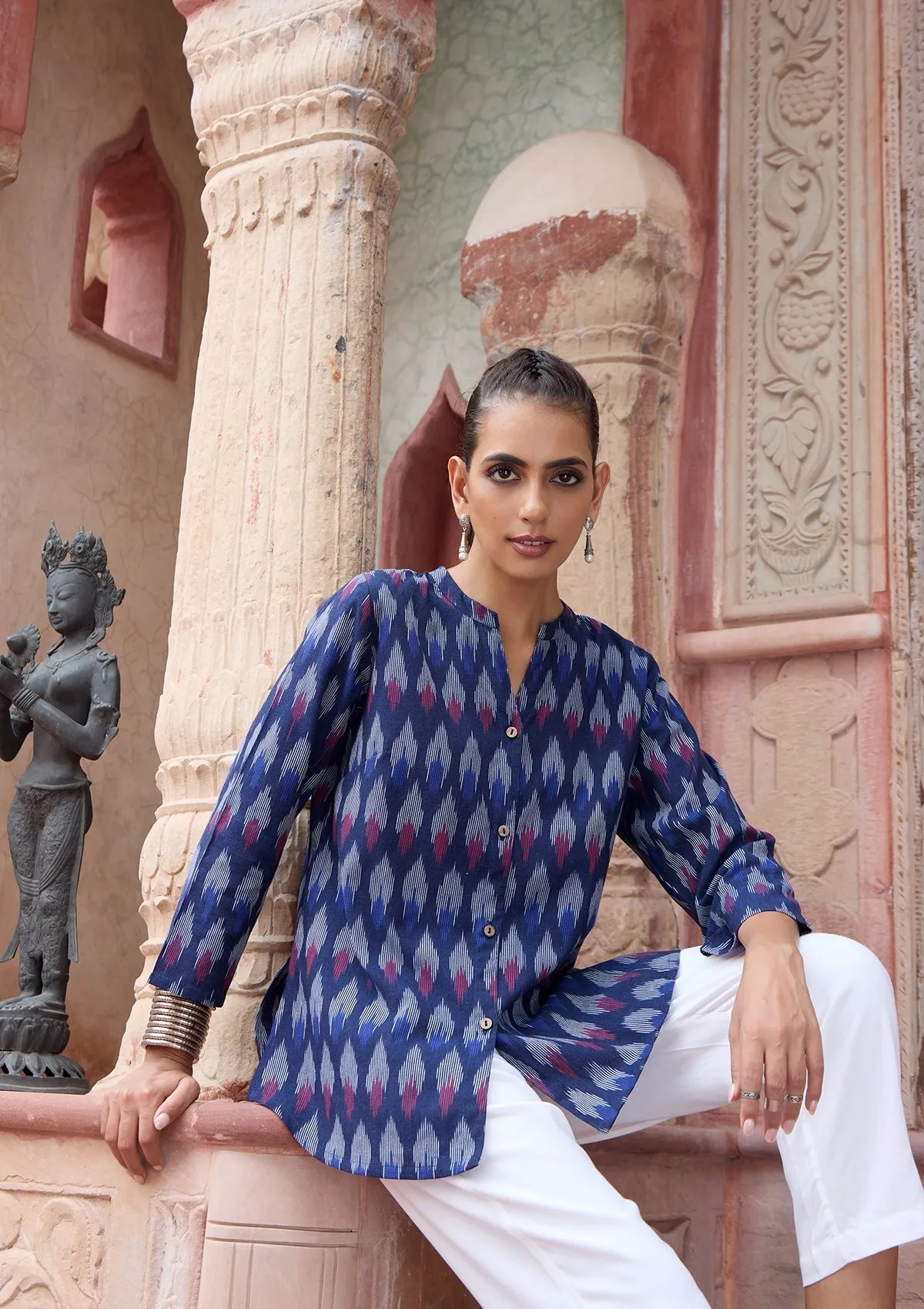 HOC Crafts Ikkat Cotton Solid Women's Shirt - Navy Blue
