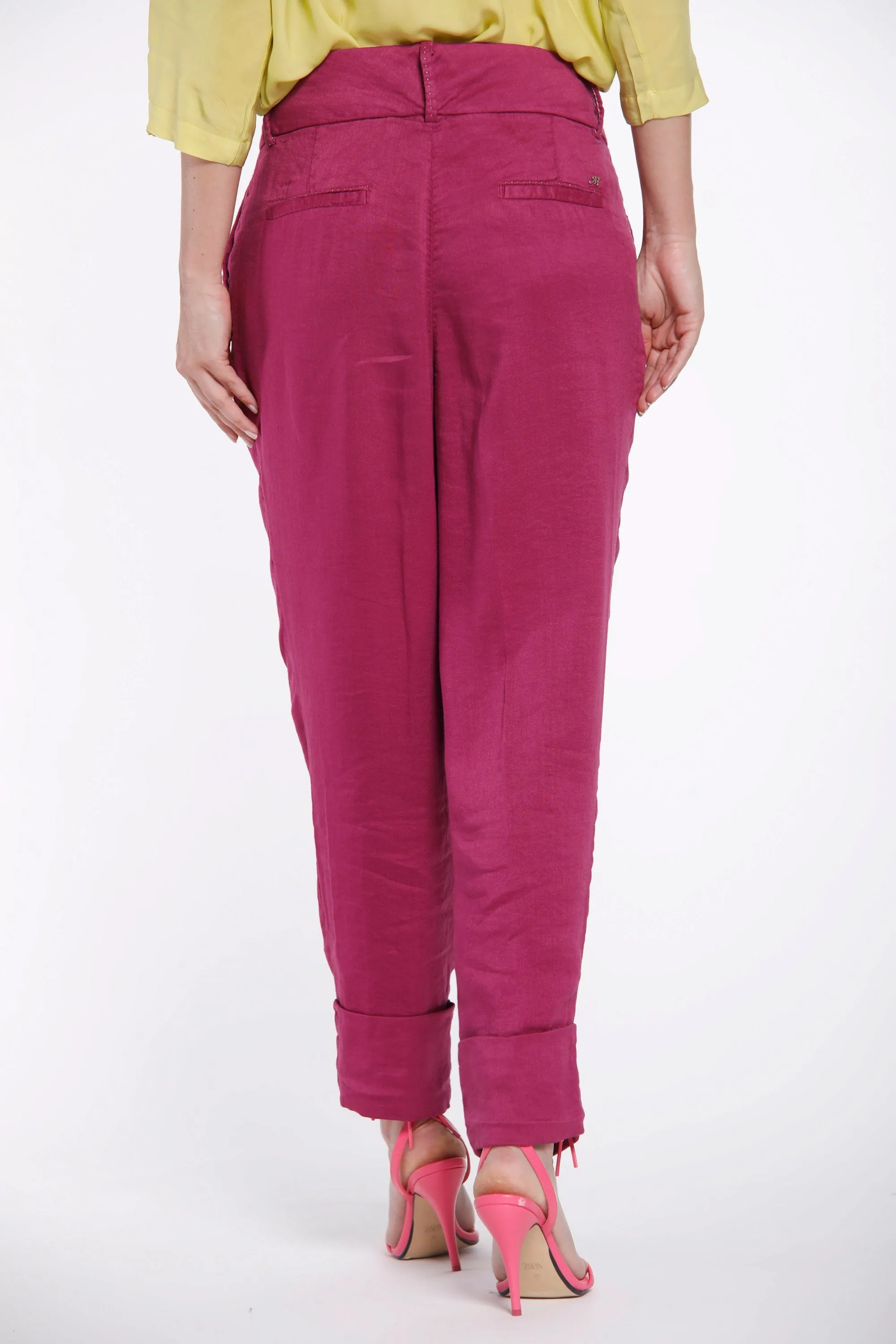 Iris pantalone chino donna in misto lino con risvolto ampio curvy