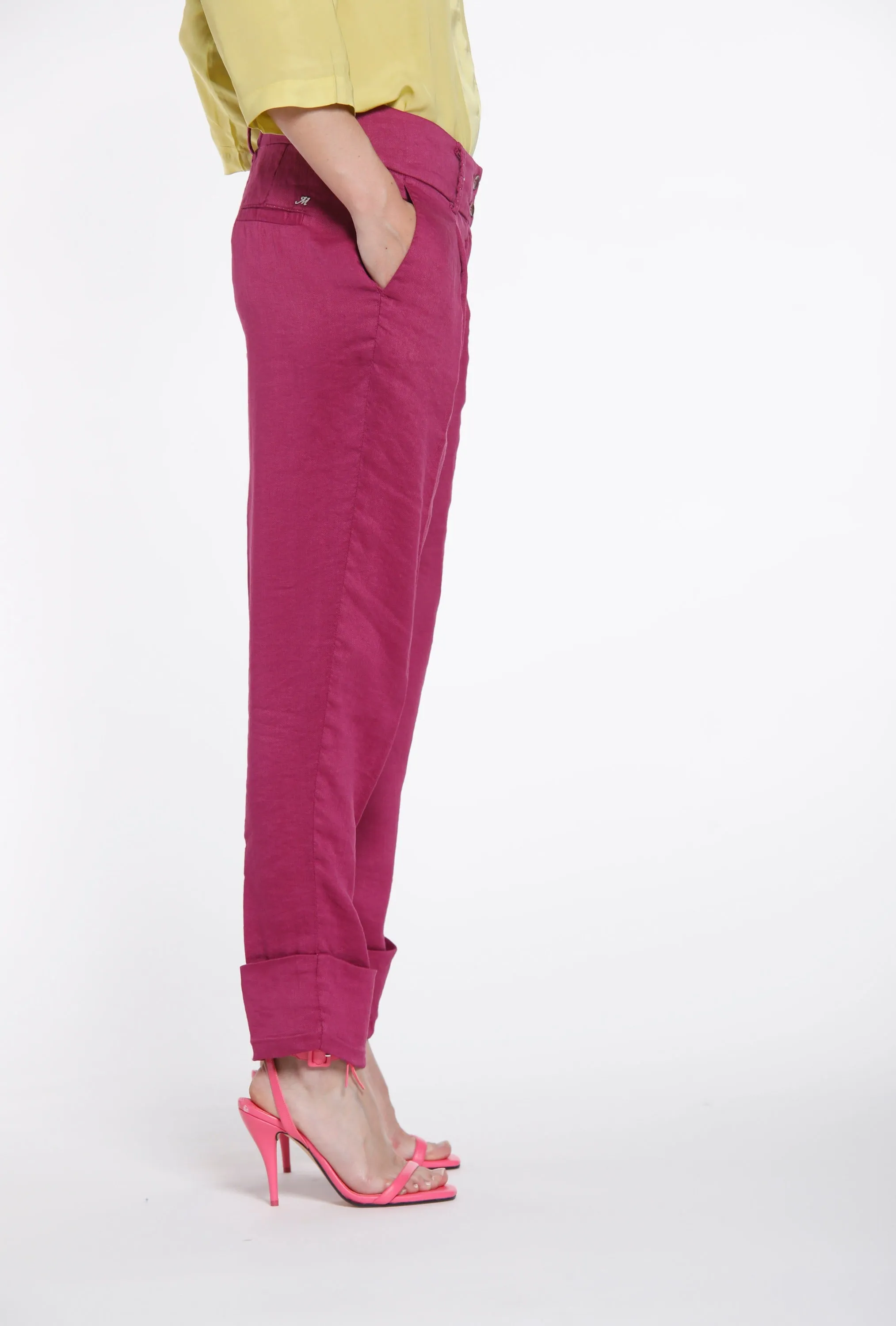 Iris pantalone chino donna in misto lino con risvolto ampio curvy