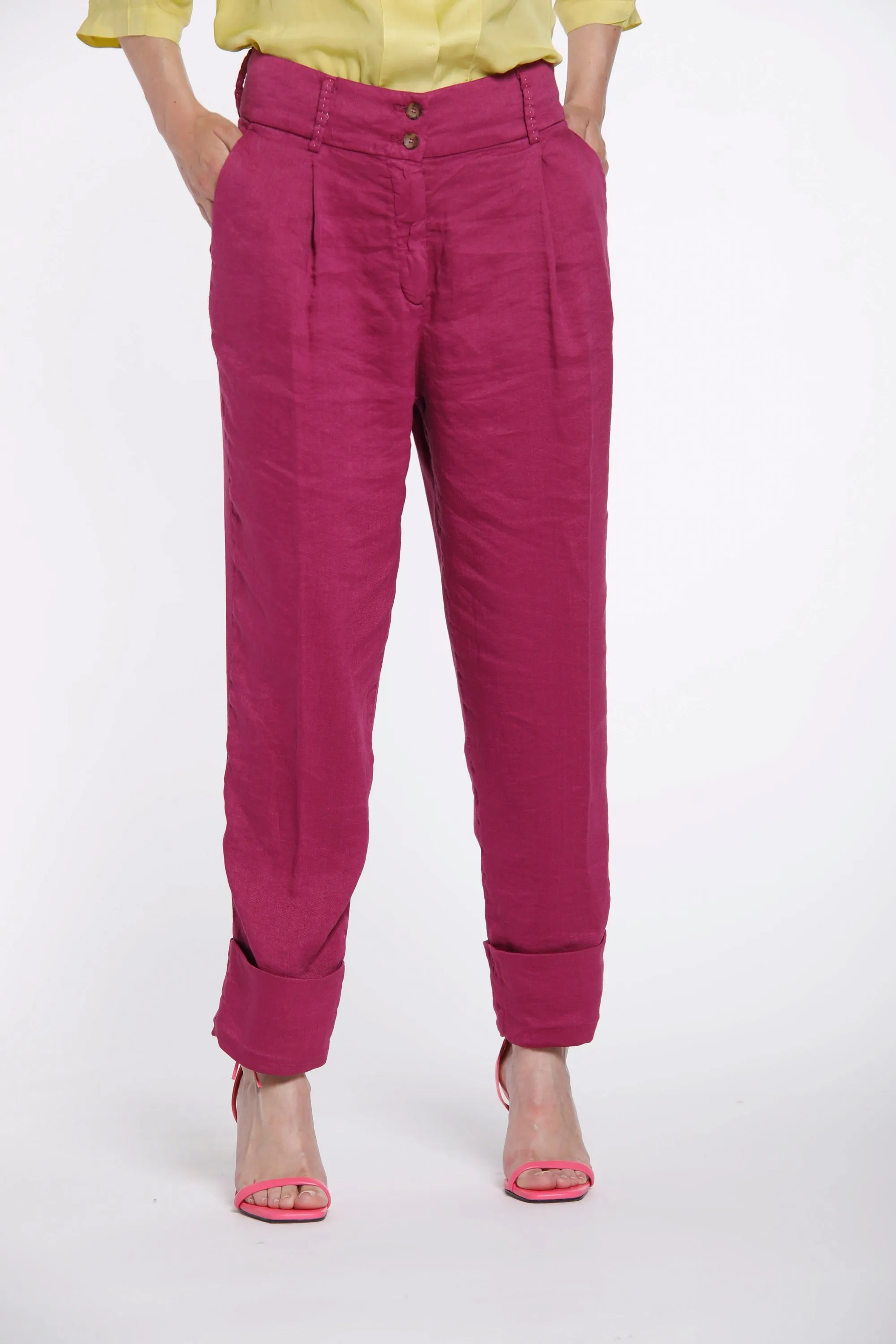 Iris pantalone chino donna in misto lino con risvolto ampio curvy