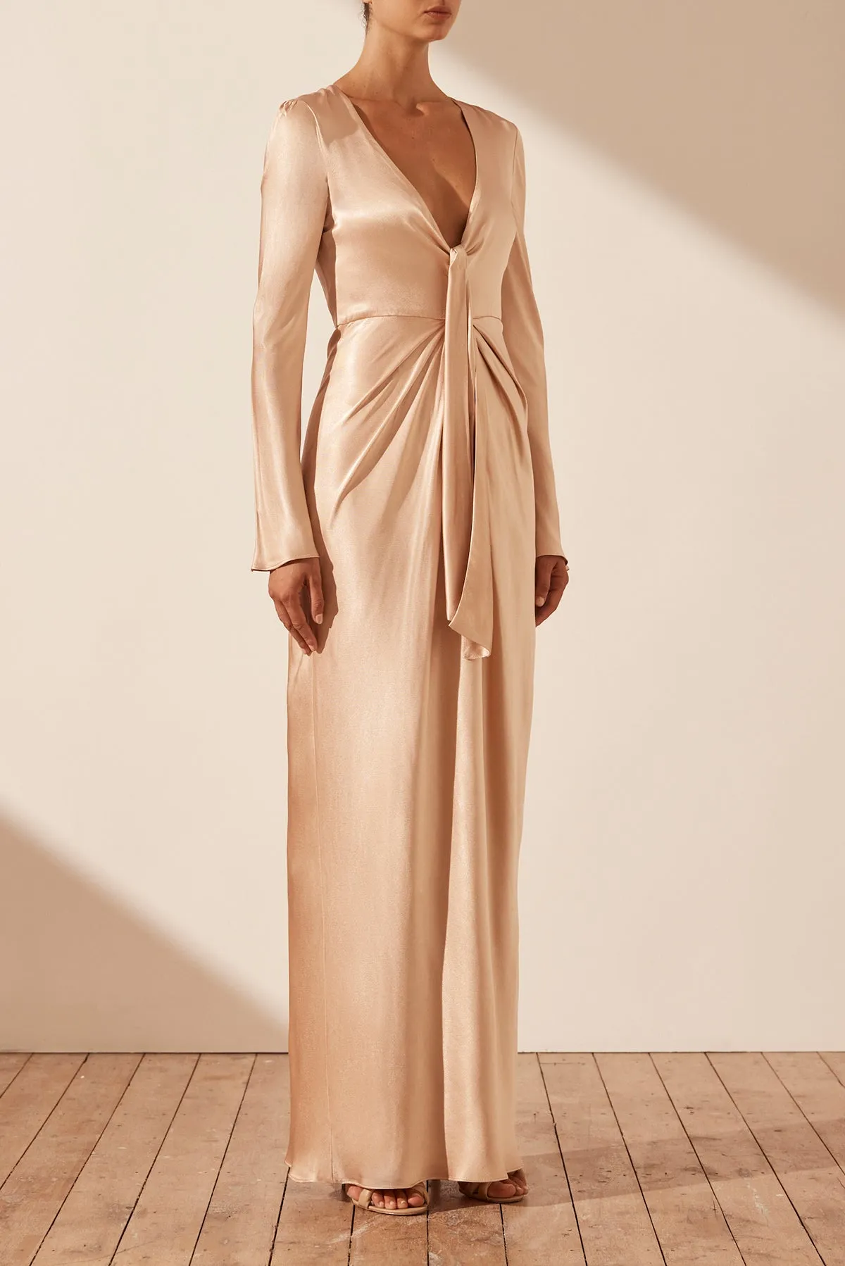 LA LUNE PLUNGED TIE FRONT MAXI DRESS - DESERT ROSE