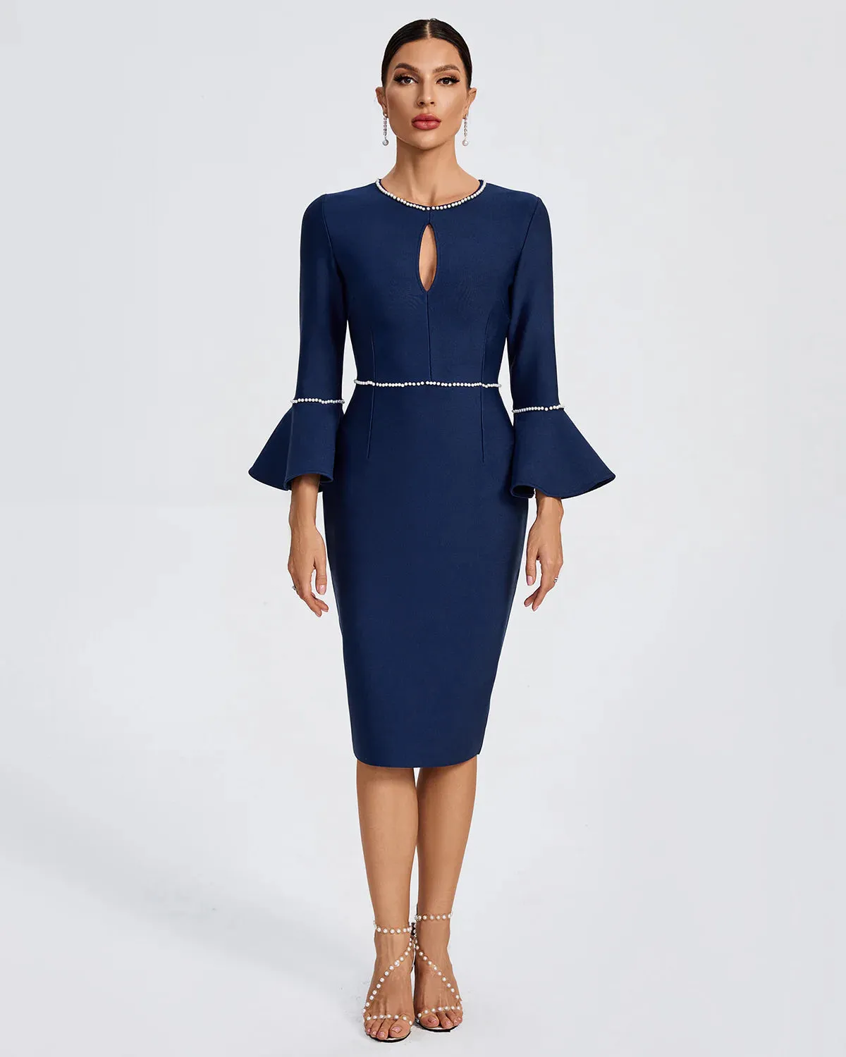 MAYANIN Pearl Trim Pagoda-Sleeve Midi Bandage Dress