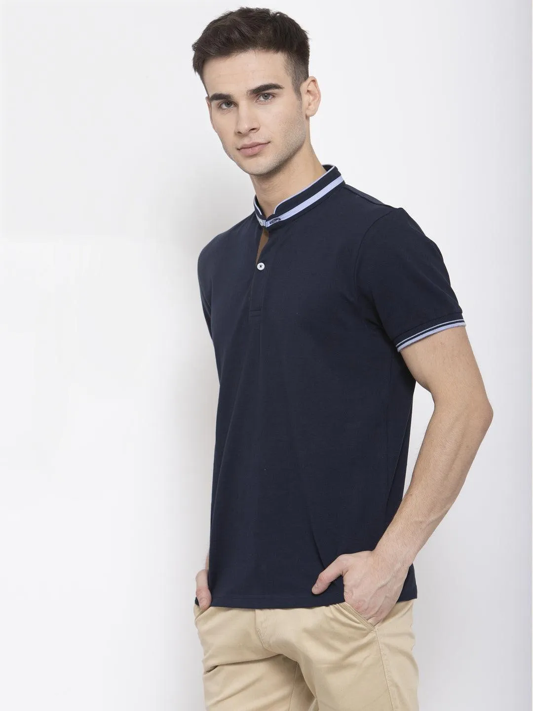 Men Navy Blue Solid Mandarin Collar T-shirt