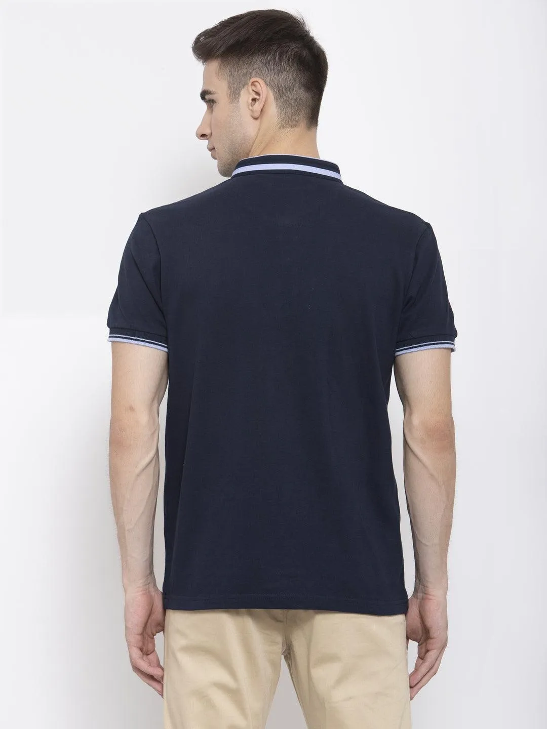 Men Navy Blue Solid Mandarin Collar T-shirt