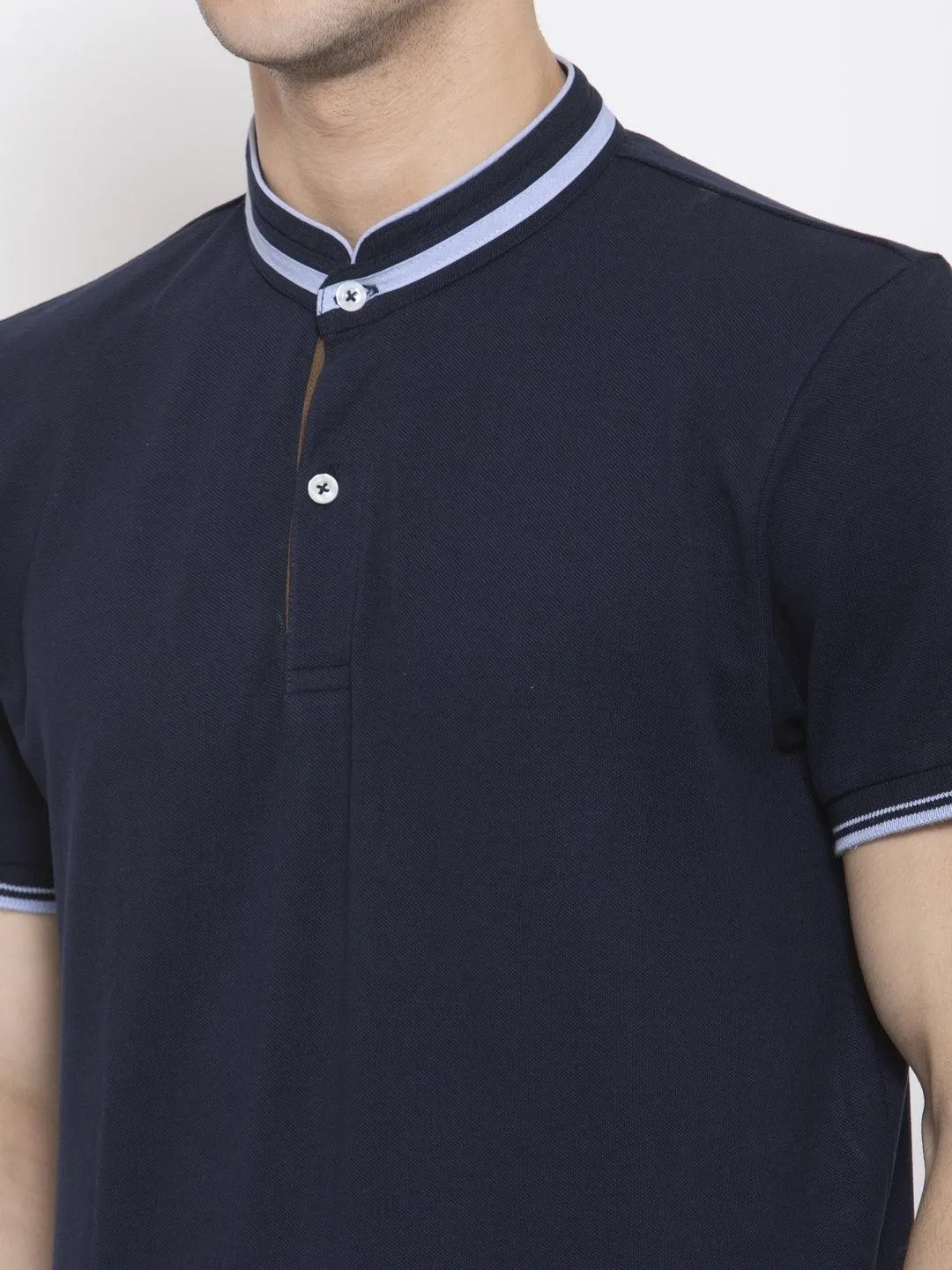 Men Navy Blue Solid Mandarin Collar T-shirt