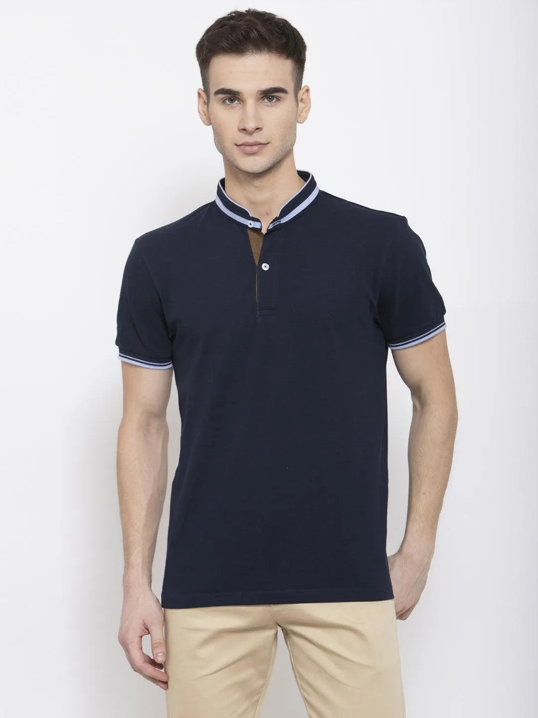 Men Navy Blue Solid Mandarin Collar T-shirt