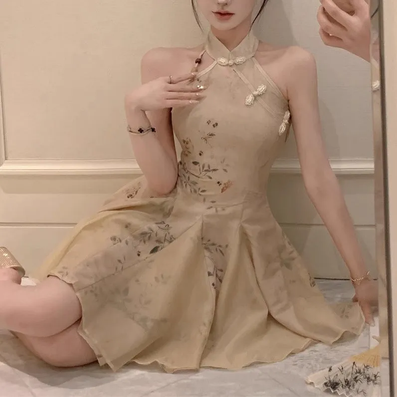 New Chinese Style Sleeveless Halter Neck Suspender Dress