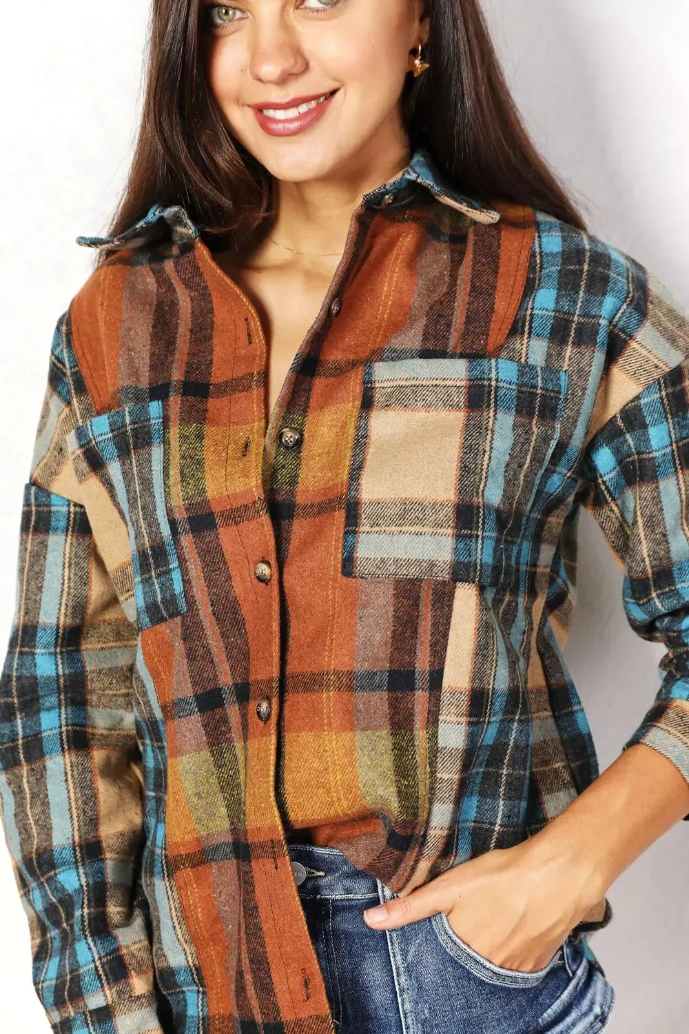 Plaid Curved Hem Shirt Jacket with Breast Pockets | Chic & Stylish Layering