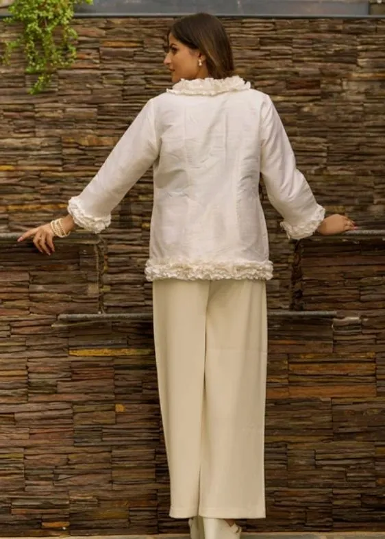 Pure silk Dupion Ruffle Jacket- Off White