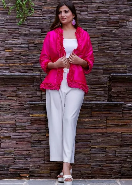 Pure silk Dupion Ruffle Jacket- Pink