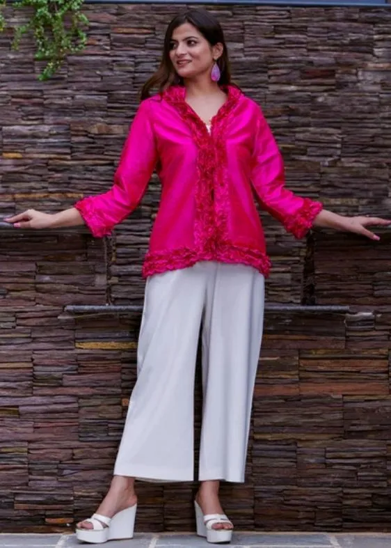 Pure silk Dupion Ruffle Jacket- Pink