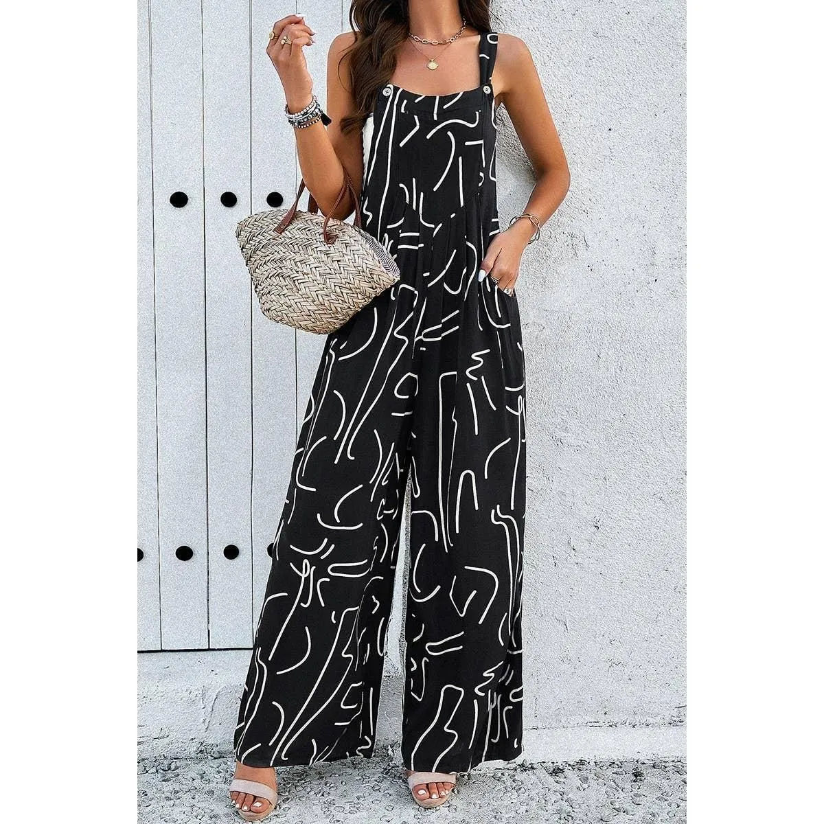 Sleeveless Button Wide Leg Pockets Jumpsuit, Black