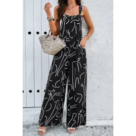 Sleeveless Button Wide Leg Pockets Jumpsuit, Black