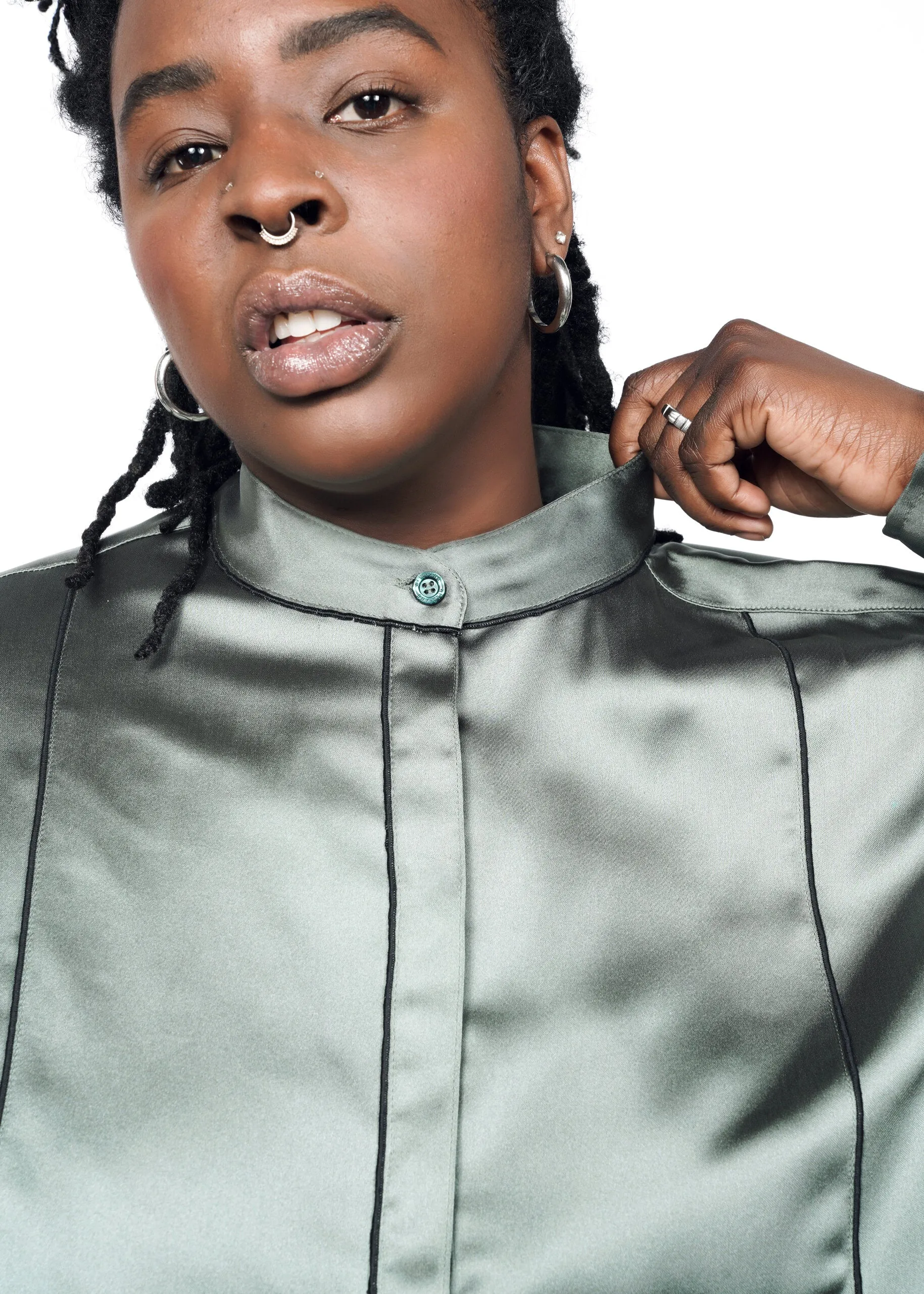 The Empower Satin Long Sleeve Tuxedo Button Up