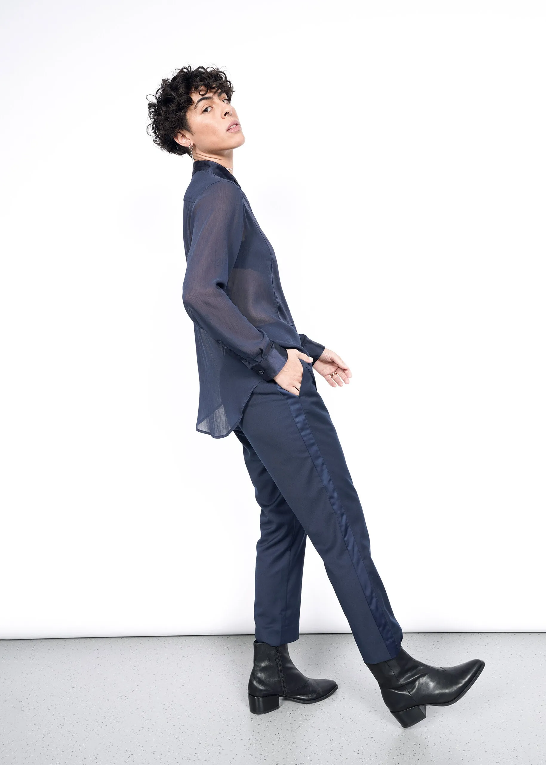The Empower Sheer Long Sleeve Tuxedo Button Up