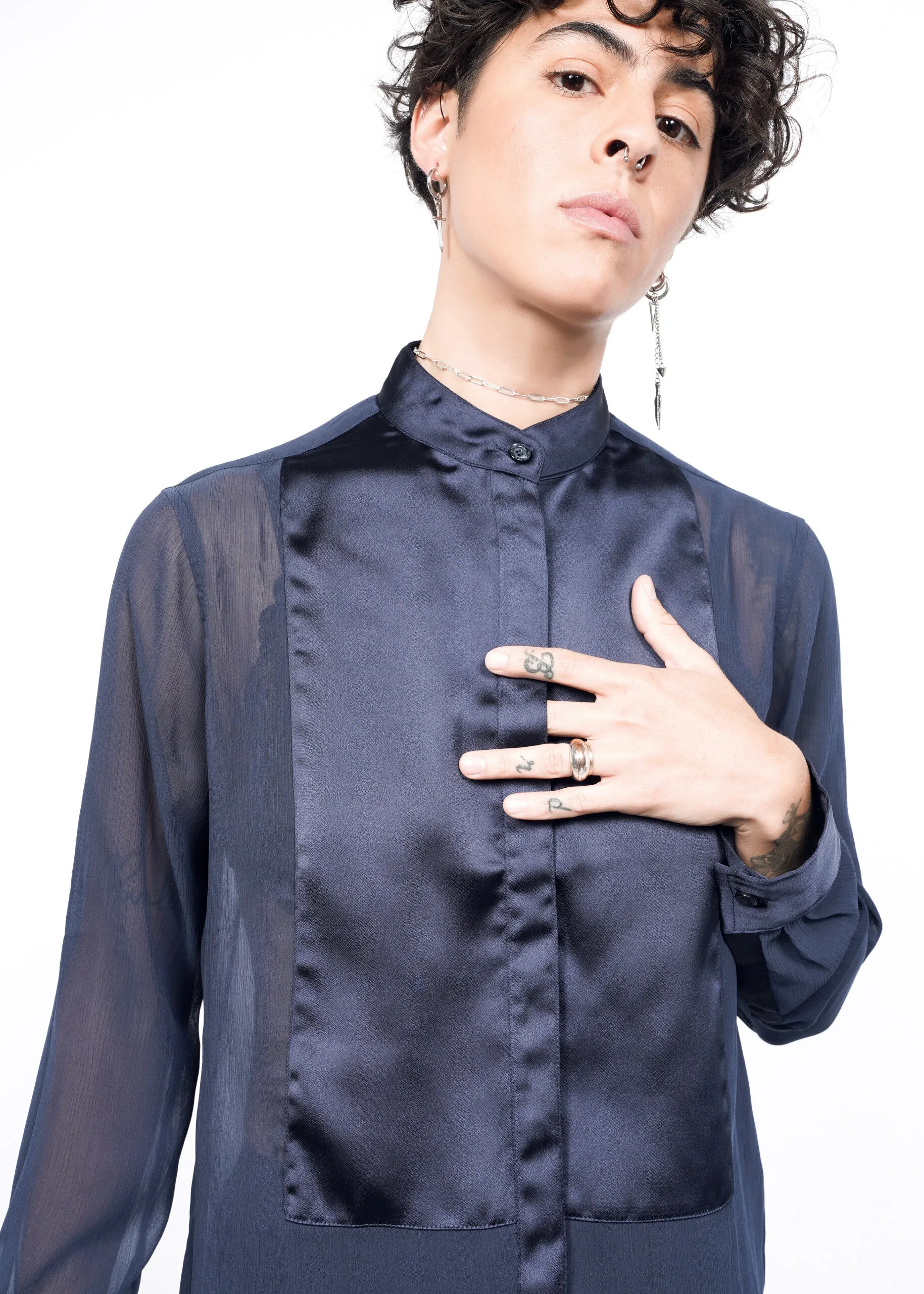 The Empower Sheer Long Sleeve Tuxedo Button Up