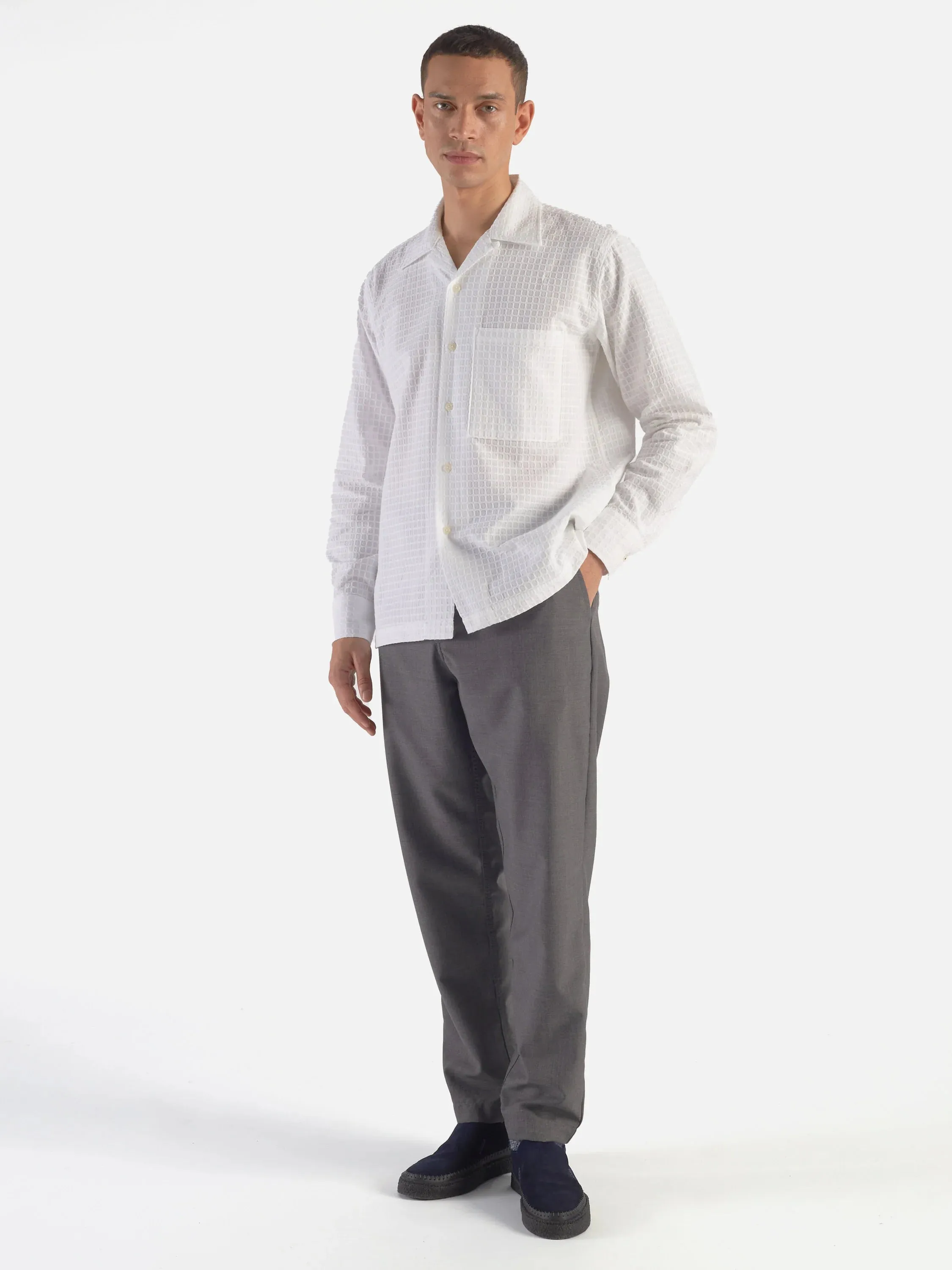 Universal Works White Delos Cotton Long Sleeve Camp Shirt