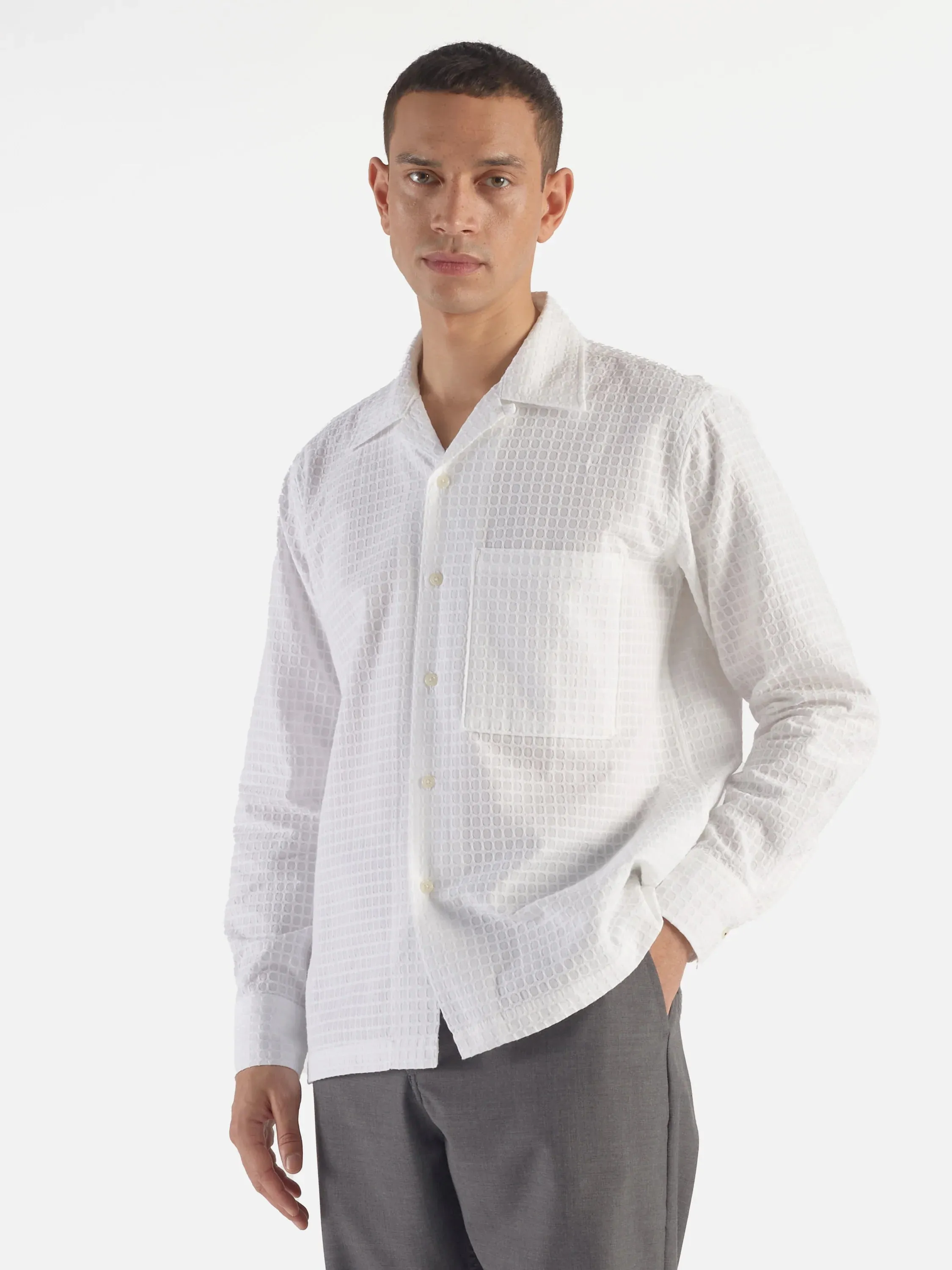 Universal Works White Delos Cotton Long Sleeve Camp Shirt