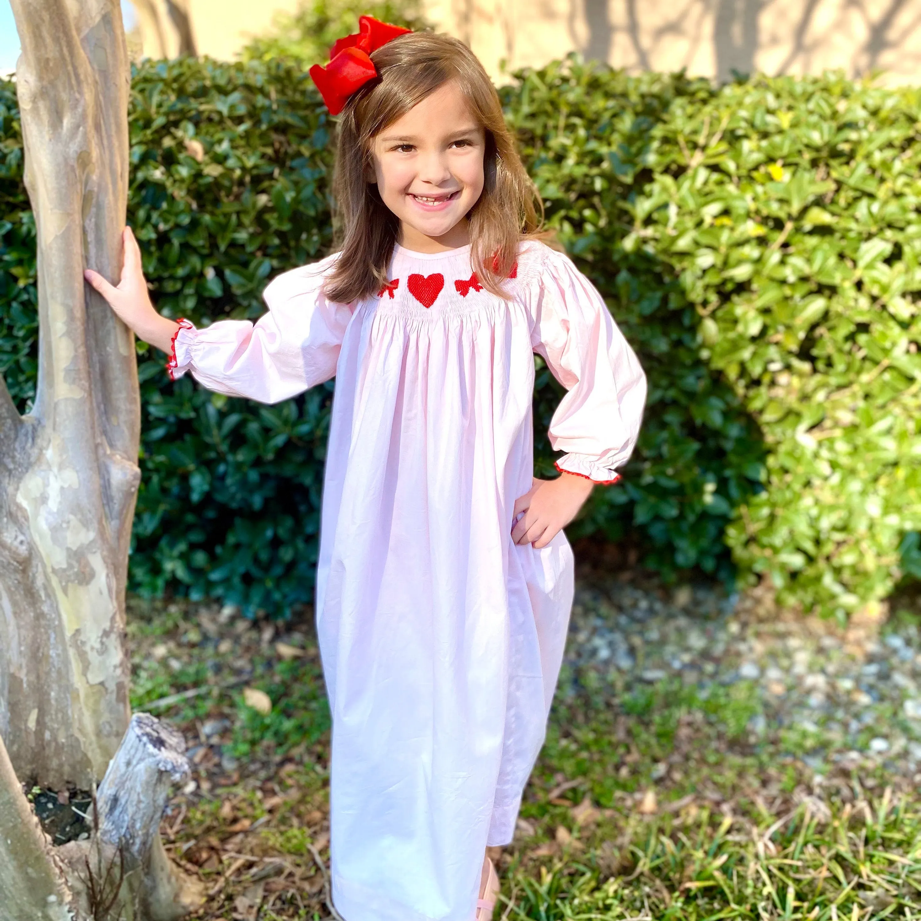 Valentine Smocked Dress - Long-Sleeve with Red Hearts