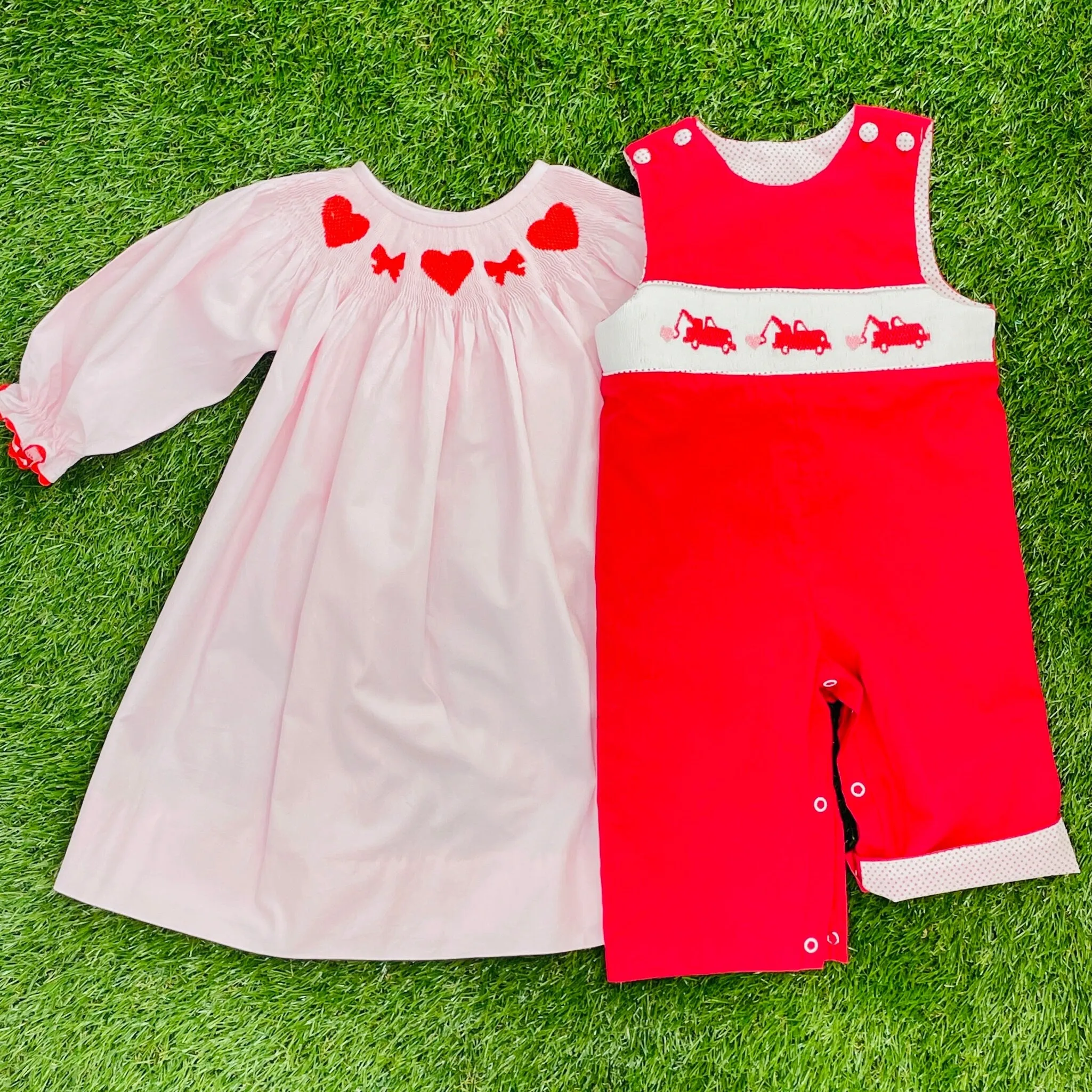 Valentine Smocked Dress - Long-Sleeve with Red Hearts