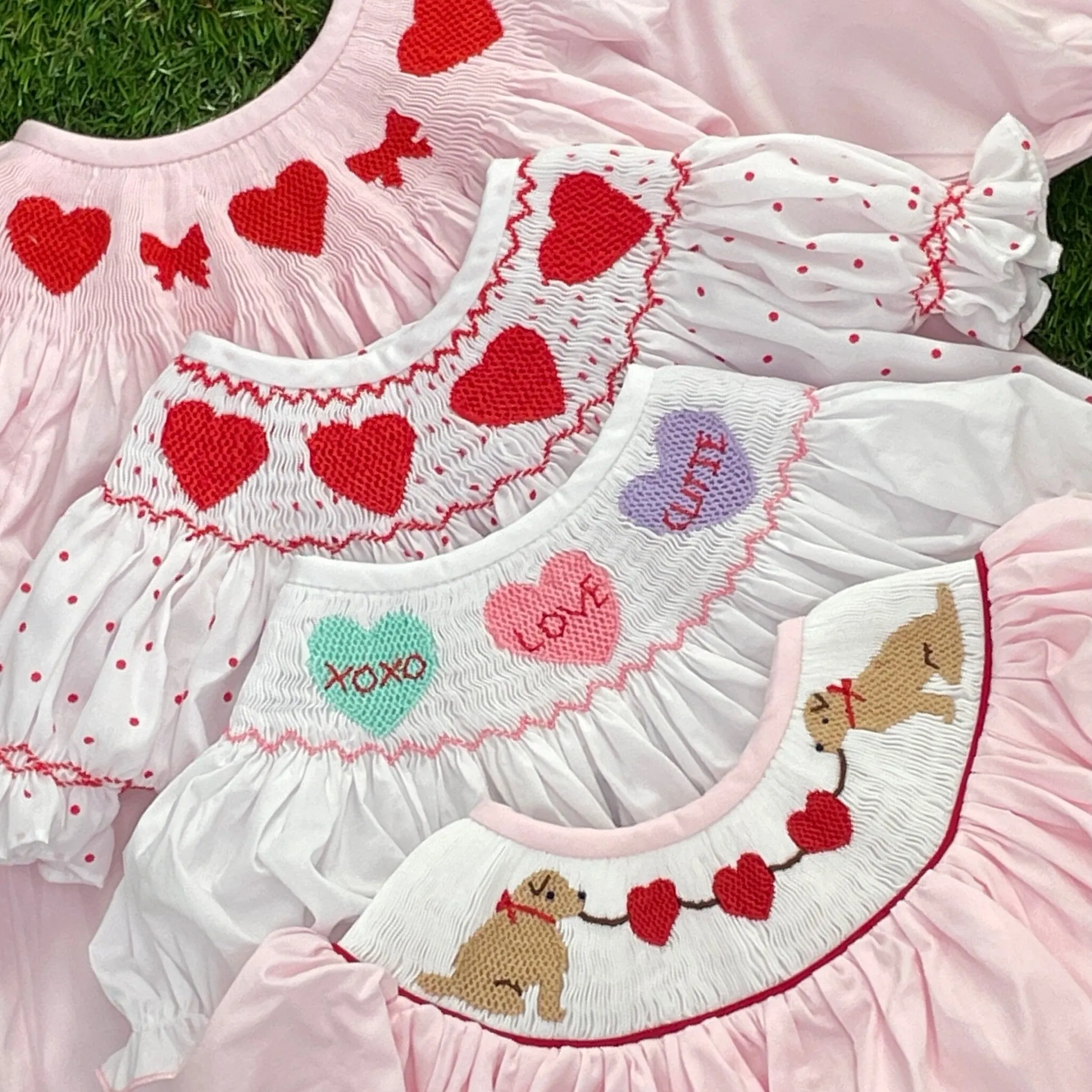Valentine Smocked Dress - Long-Sleeve with Red Hearts