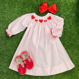Valentine Smocked Dress - Long-Sleeve with Red Hearts