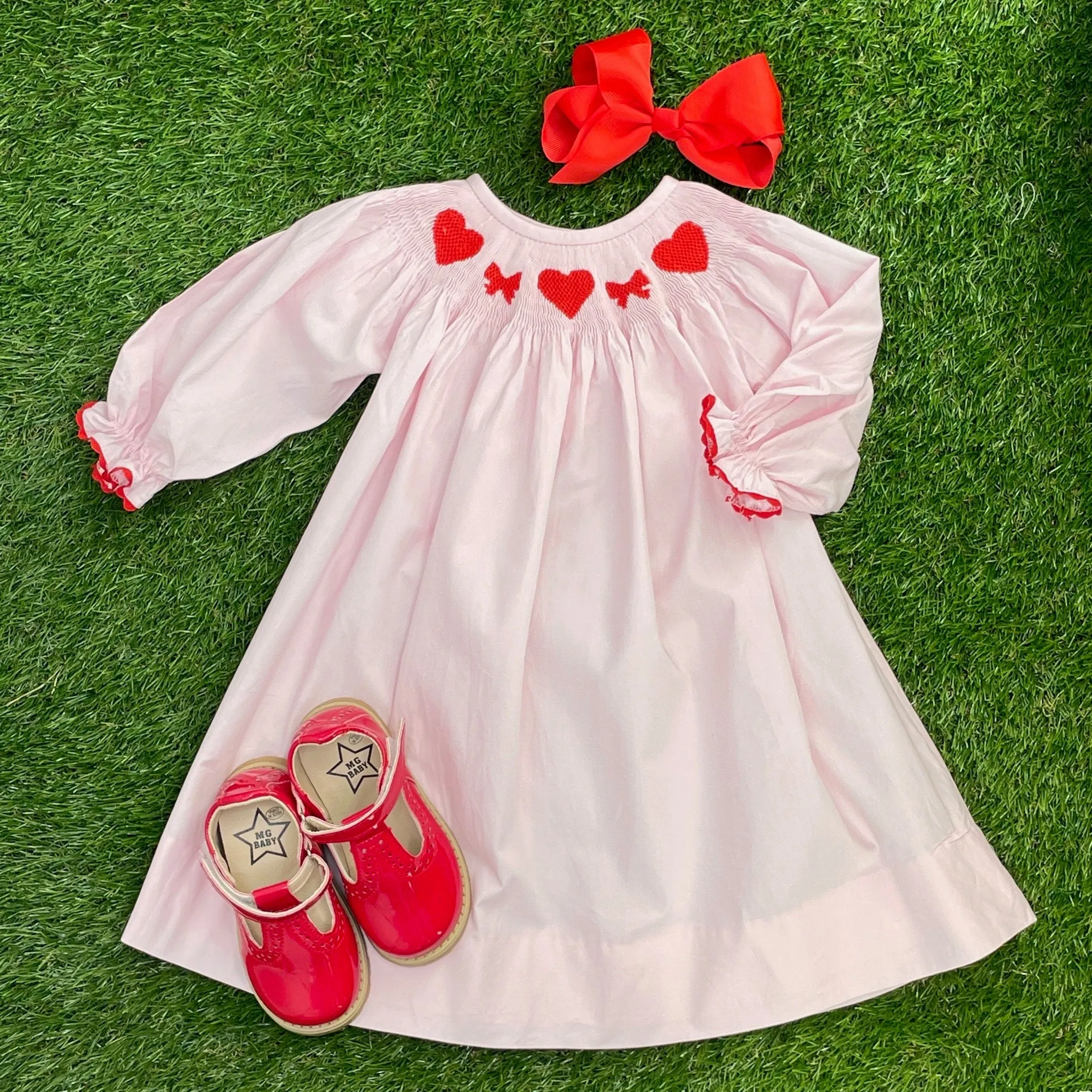 Valentine Smocked Dress - Long-Sleeve with Red Hearts