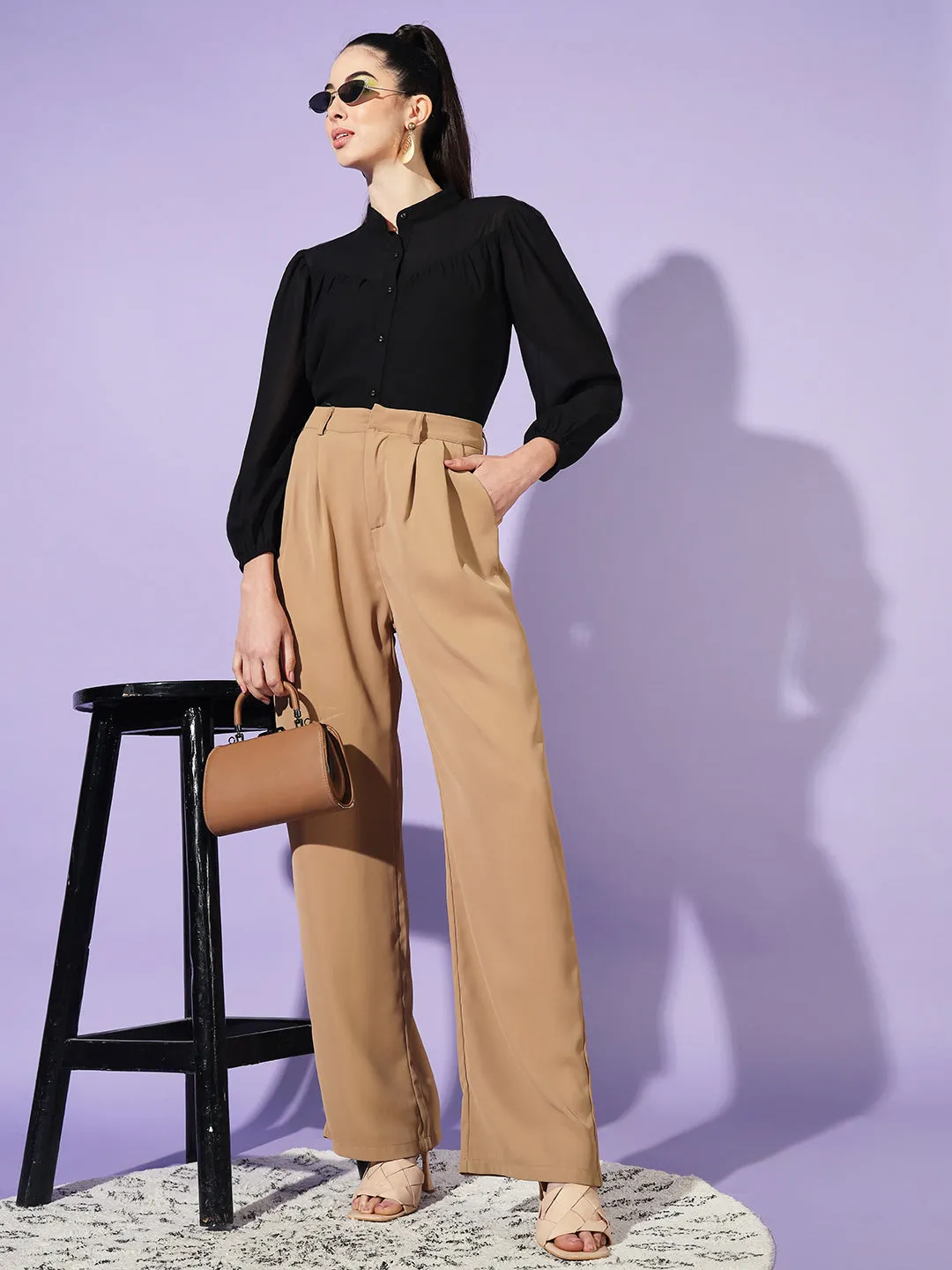 Women Black Solid Mandarin Collar Shirt Style Top