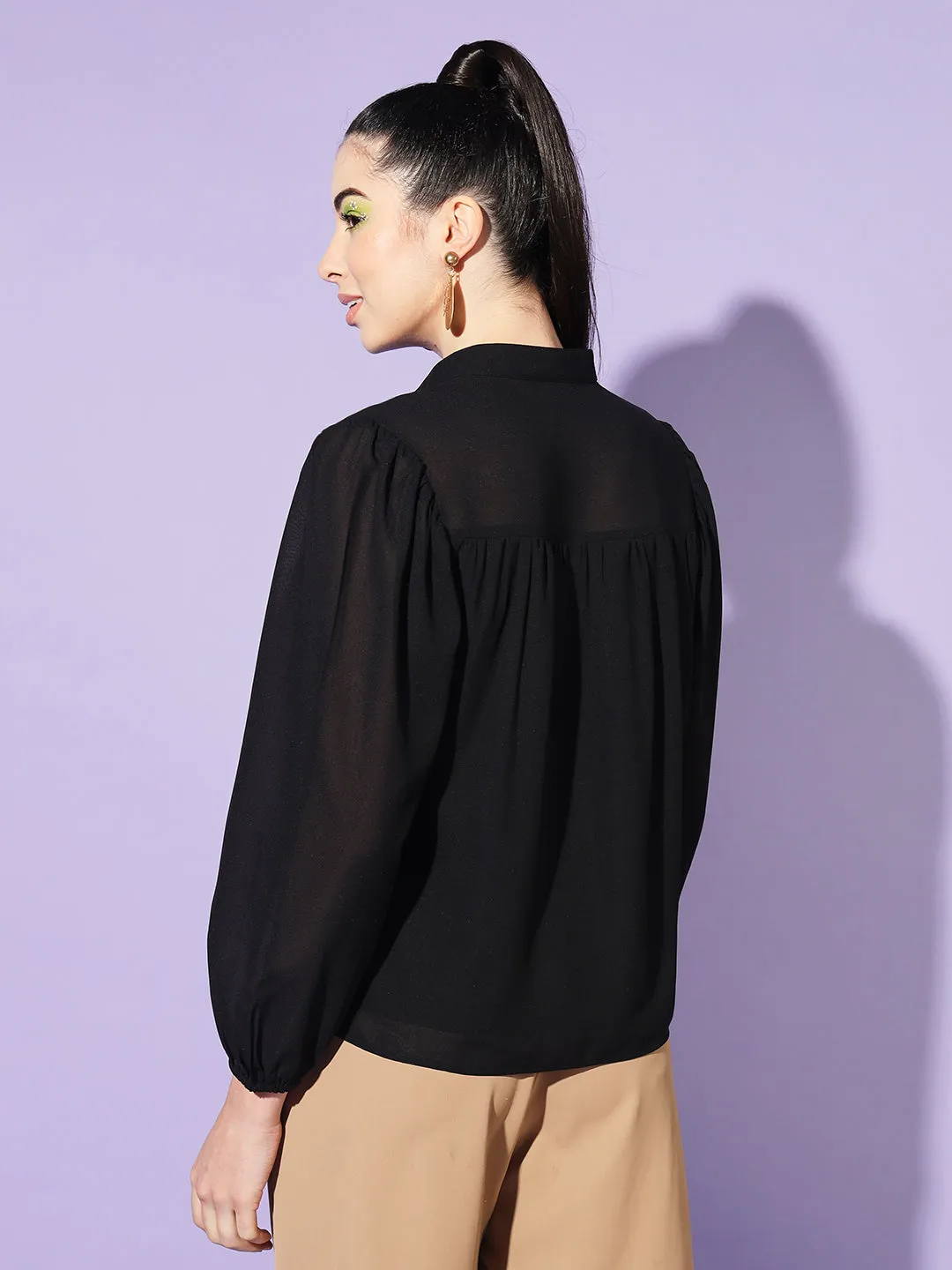 Women Black Solid Mandarin Collar Shirt Style Top