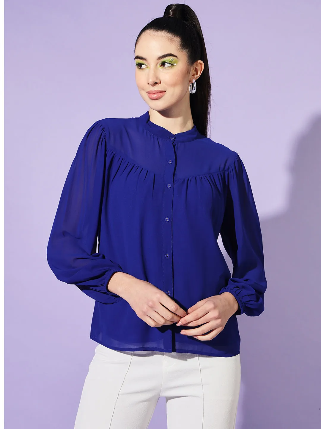 Women Blue Solid Mandarin Collar Shirt Style Top
