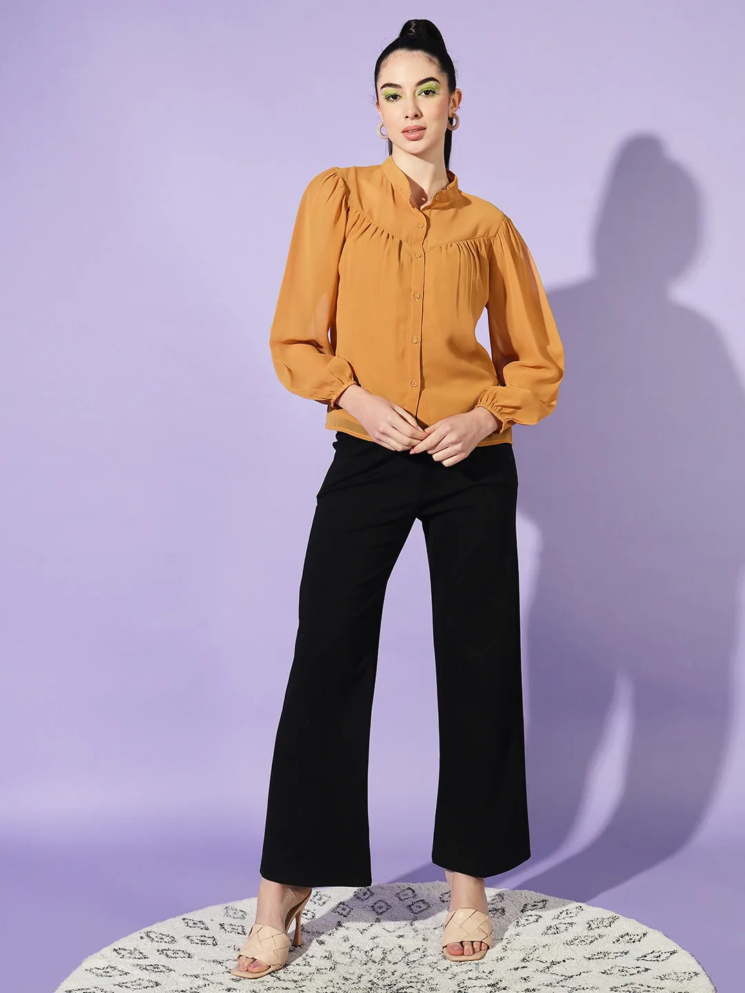 Women Yellow Solid Mandarin Collar Shirt Style Top