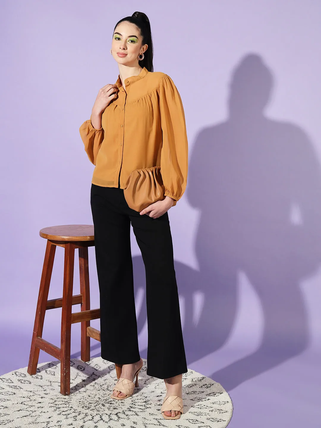 Women Yellow Solid Mandarin Collar Shirt Style Top