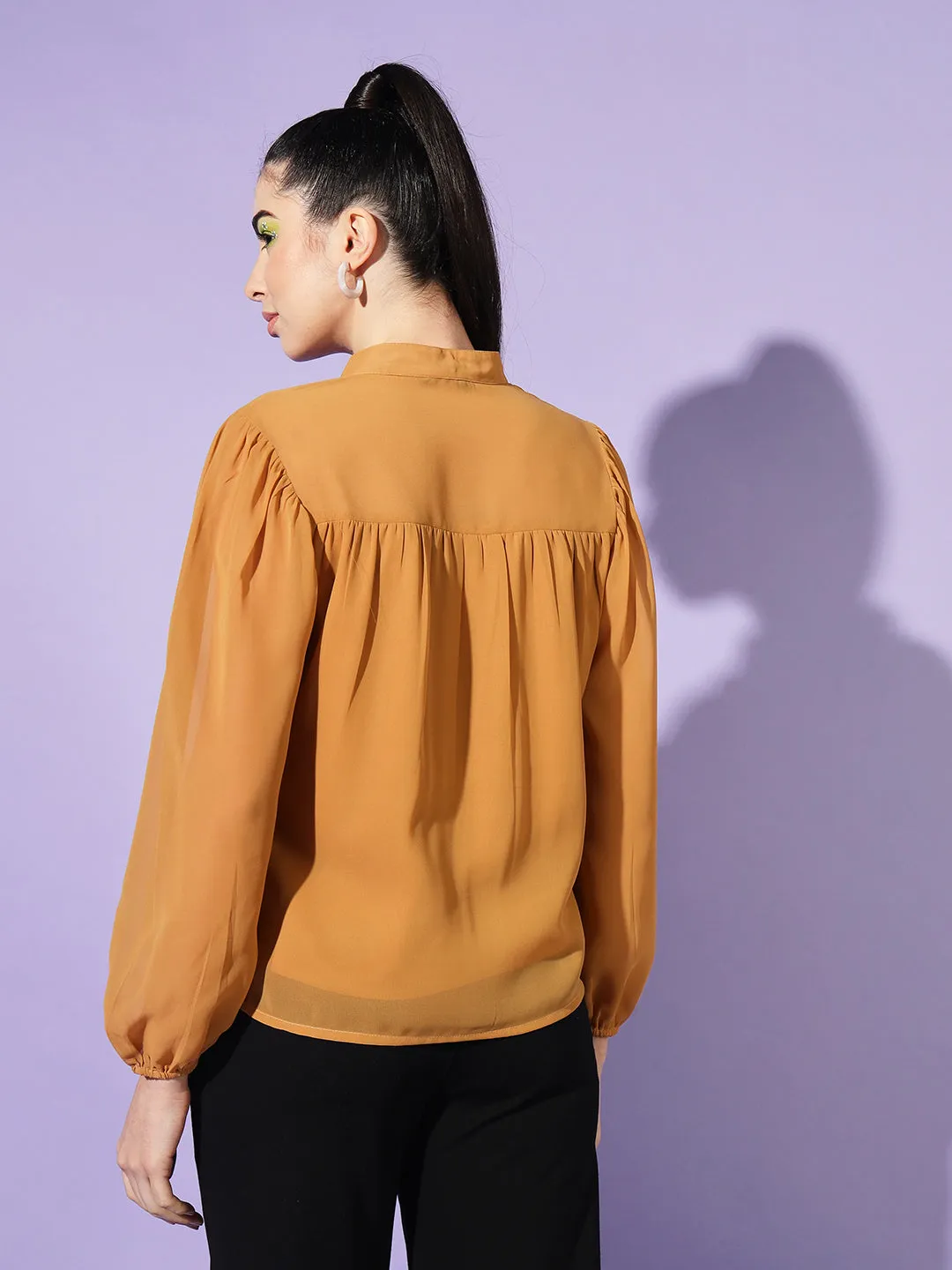 Women Yellow Solid Mandarin Collar Shirt Style Top